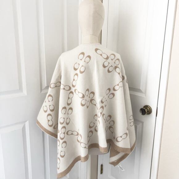 Coach Poncho Wrap Shawl Signature Logo Wool Tan Ivory Taupe Chalk C5104 - Picture 4 of 7